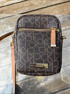 Calvin Klein Brown Monogram Mini Crossbody with Tan Accents